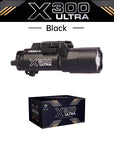 Tactica Flashlight X300-B/X300U-B/XU35: metal pistol gun strobe LED lights for 20mm rails, ideal for airsoft and hunting.