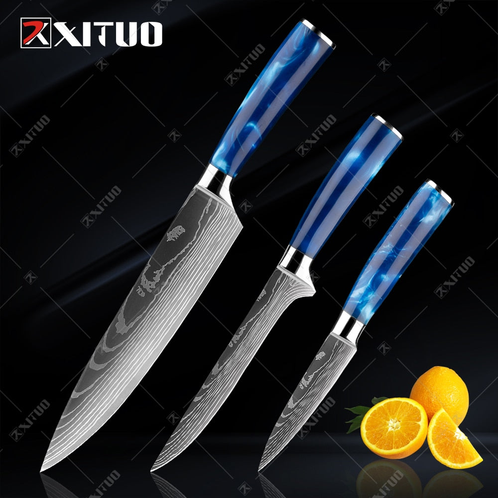 
  
  XITUO kitchen knives Set Exquisite blue resin handle Laser Damascus pattern Chef knife Santoku Cleaver Slicing Knives Best Gift
  
