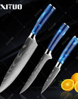 XITUO kitchen knives Set Exquisite blue resin handle Laser Damascus pattern Chef knife Santoku Cleaver Slicing Knives Best Gift