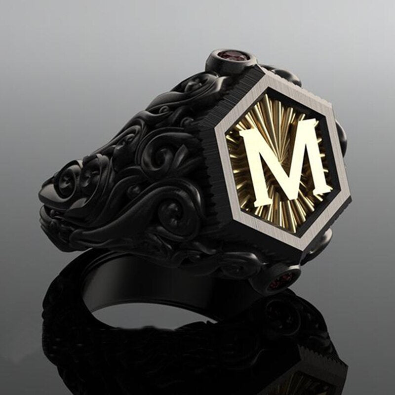 
  
  Classic Fashion Bohemian Black M Letter Stainless Steel Rings for Men Hip Steampunk Motorcycle Ring Men Wedding Jewelry
  
