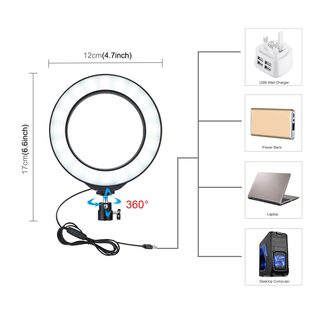 
  
  12cm USB 3 Modes Dimmable LED Ring Vlogging Photography Video Lights with Cold Shoe Tripod Ball Head
  
