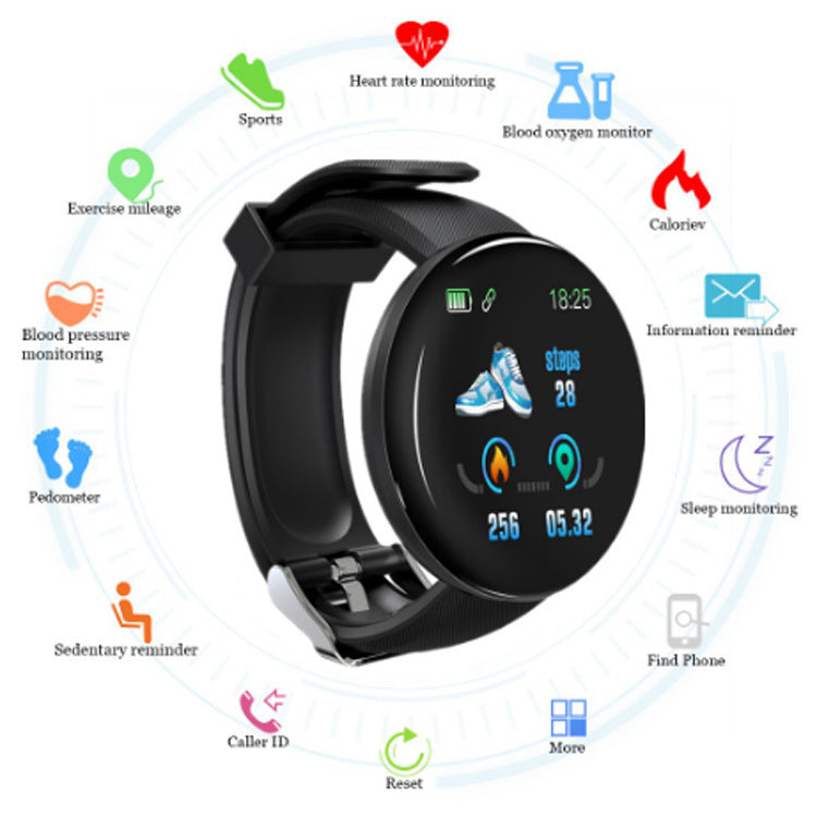 
  
  D18 Smart Bracelet Color Round Screen Heart Rate Blood Pressure Sleep Monitoring Pedometer Sports Encyclopedia Star Smart Watch
  
