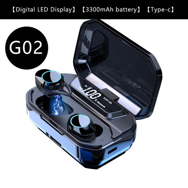 
  
  G02 V5.0 Bluetooth Stereo Earphone Wireless IPX7 Waterproof Touch Earbuds Headset 3300mAh Battery LED Display Type-c Charge Case
  
