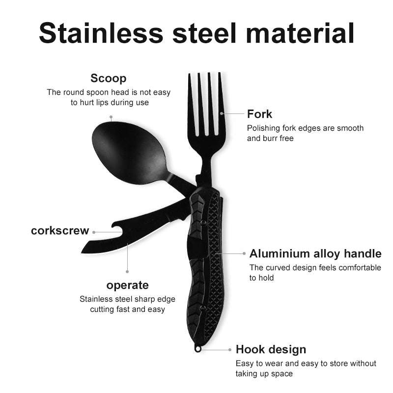 
  
  Multifunctional camping tableware stainless steel knife fork spoon, outdoor portable survival eating tools
  
