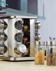 12Pc Kitchen Spice Jars Storage Rotatable Base Stainless Steel Jar Glass Spice Jar Salt Shaker and Pepper Sprays Organizer Set