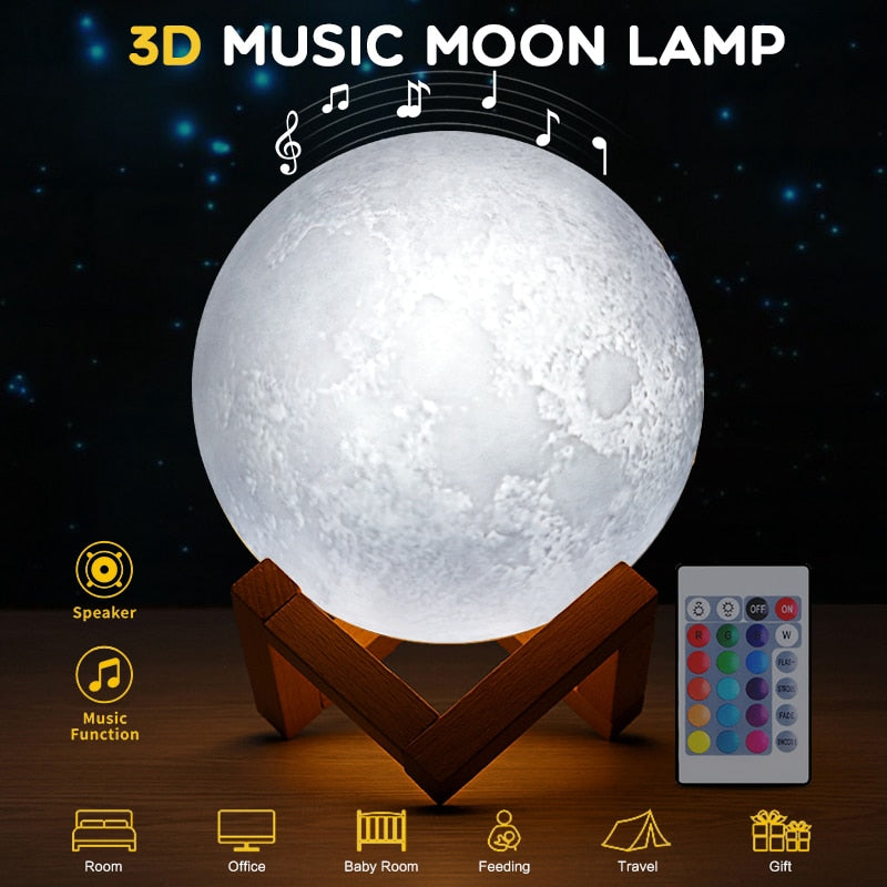 
  
  3D Print Colorful Bluetooth Msuic Moon Lamp Rechargeable Night Light For Moon light with 3Colors 16Colors Remote Decor Gift
  
