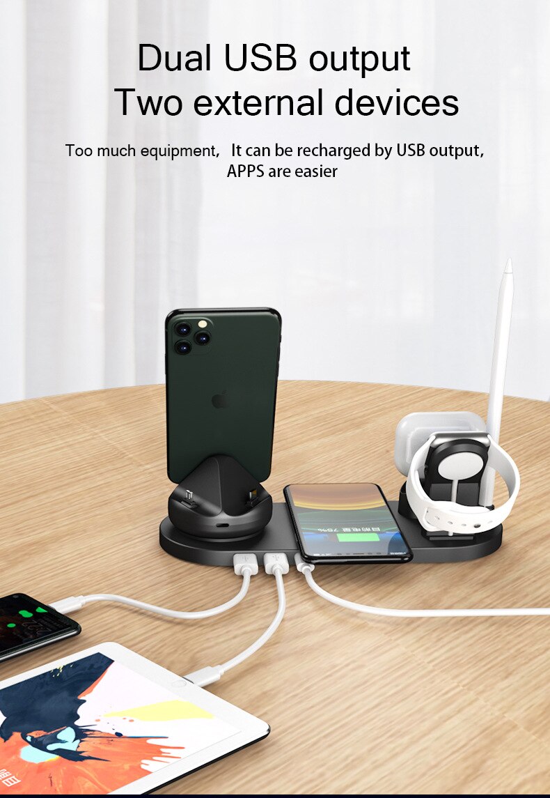 
  
  10W 7 in 1 Wireless Smart Desk Charging Dock Station Fast Charge Multifuntional Mobile Phone Watch Headsets Charging Station
  
