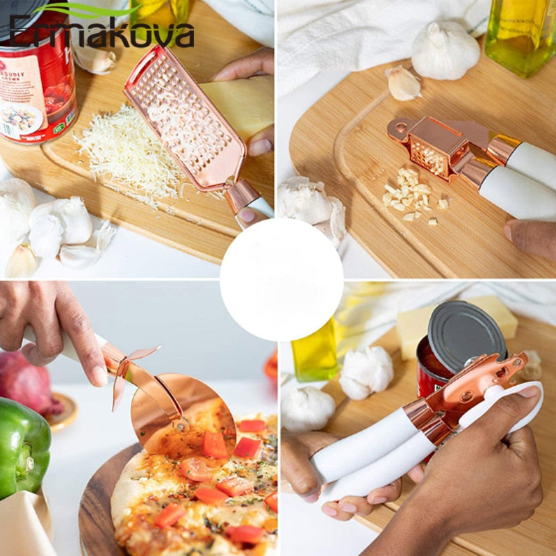 
  
  7 Pcs Kitchen Gadget Set Copper Coated Stainless Steel Utensils with Soft Touch Rose Gold Garlic Press Pizza Cutter
  
