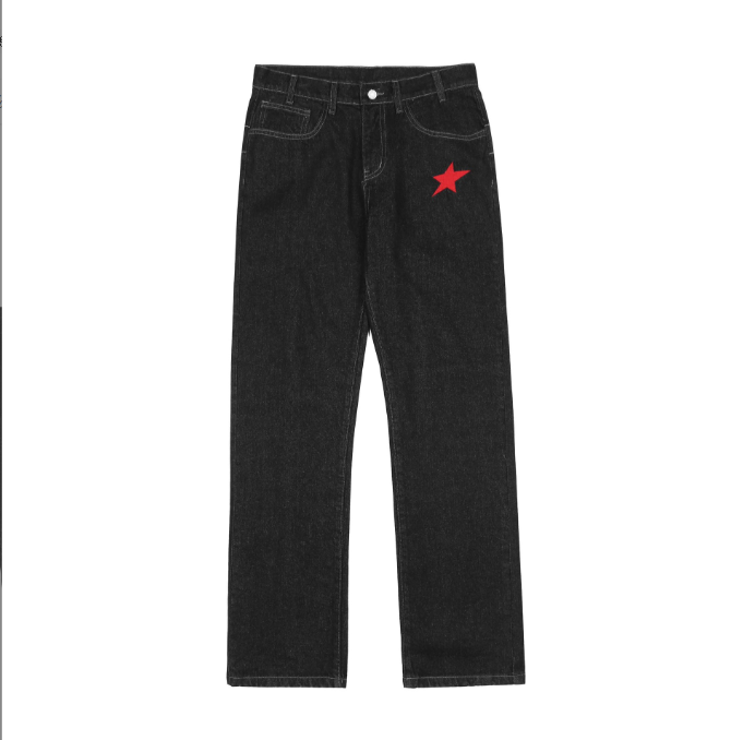 
  
  Made of old stickers star embroidery multi pocket jeans, men trendy brand loose wide leg straight leg pants
  
