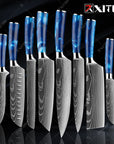 XITUO kitchen knives Set Exquisite blue resin handle Laser Damascus pattern Chef knife Santoku Cleaver Slicing Knives Best Gift