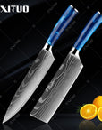 XITUO kitchen knives Set Exquisite blue resin handle Laser Damascus pattern Chef knife Santoku Cleaver Slicing Knives Best Gift