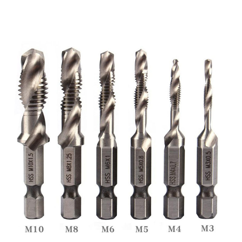 
  
  Hexagon Shank Composite Tap HSS Machine Tap Drilling Tap Chamfering Multifunctional Titanium Coated Spiral Tap Contain Cobalt
  
