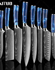 XITUO kitchen knives Set Exquisite blue resin handle Laser Damascus pattern Chef knife Santoku Cleaver Slicing Knives Best Gift