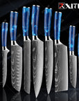 XITUO kitchen knives Set Exquisite blue resin handle Laser Damascus pattern Chef knife Santoku Cleaver Slicing Knives Best Gift