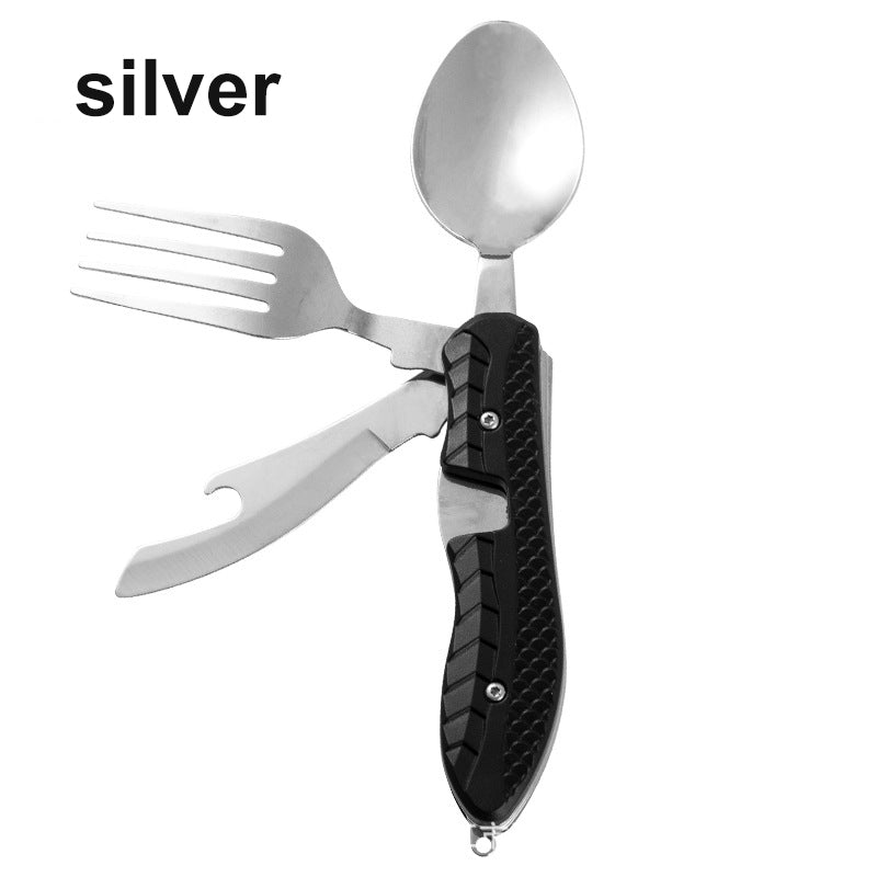 
  
  Multifunctional camping tableware stainless steel knife fork spoon, outdoor portable survival eating tools
  
