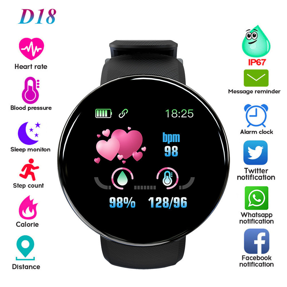 
  
  D18 Smart Bracelet Color Round Screen Heart Rate Blood Pressure Sleep Monitoring Pedometer Sports Encyclopedia Star Smart Watch
  
