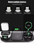 6 in 1 Wireless Charger Dock Station for iPhone/Android/Type-C USB Phones 10W Qi Fast Charging For Apple Watch AirPods Pro