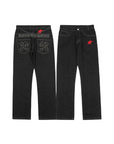 Made of old stickers star embroidery multi pocket jeans, men trendy brand loose wide leg straight leg pants