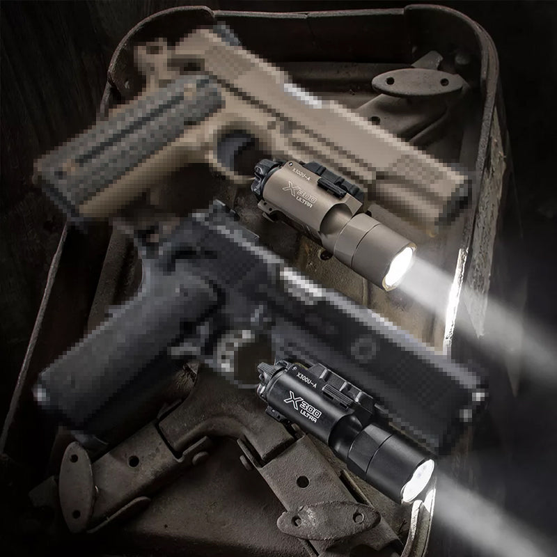 
  
  Tactica Flashlight X300-B/X300U-B/XU35: metal pistol gun strobe LED lights for 20mm rails, ideal for airsoft and hunting.
  
