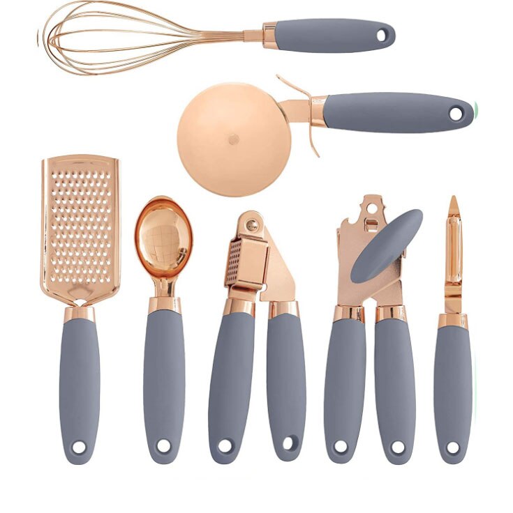 
  
  7 Pcs Kitchen Gadget Set Copper Coated Stainless Steel Utensils with Soft Touch Rose Gold Garlic Press Pizza Cutter
  
