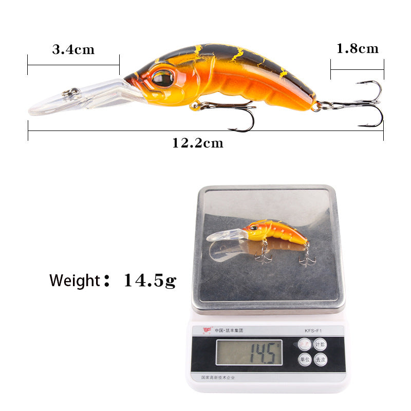 
  
  Wide Tongue Deep Dive ABS Rock Mino 10.4cm 14.5g Bead+Enhanced Three Hook Simulated Worm shaped Fake Bait
  
