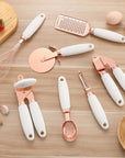 7 Pcs Kitchen Gadget Set Copper Coated Stainless Steel Utensils with Soft Touch Rose Gold Garlic Press Pizza Cutter