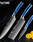 XITUO kitchen knives Set Exquisite blue resin handle Laser Damascus pattern Chef knife Santoku Cleaver Slicing Knives Best Gift