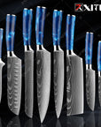 XITUO kitchen knives Set Exquisite blue resin handle Laser Damascus pattern Chef knife Santoku Cleaver Slicing Knives Best Gift